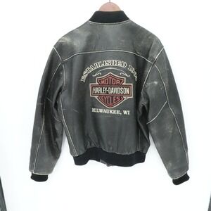 VTG Harley Davidson‎ Leather Jacket Mens S Black Bomber Embroidered Patina